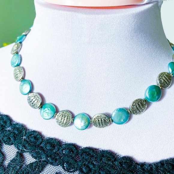Blue/Pewter Necklace, blue beads are iridescent - Picture 1 of 3